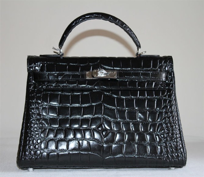 7A Replica Hermes Kelly 32cm Crocodile Veins Leather Bag Black HC0001